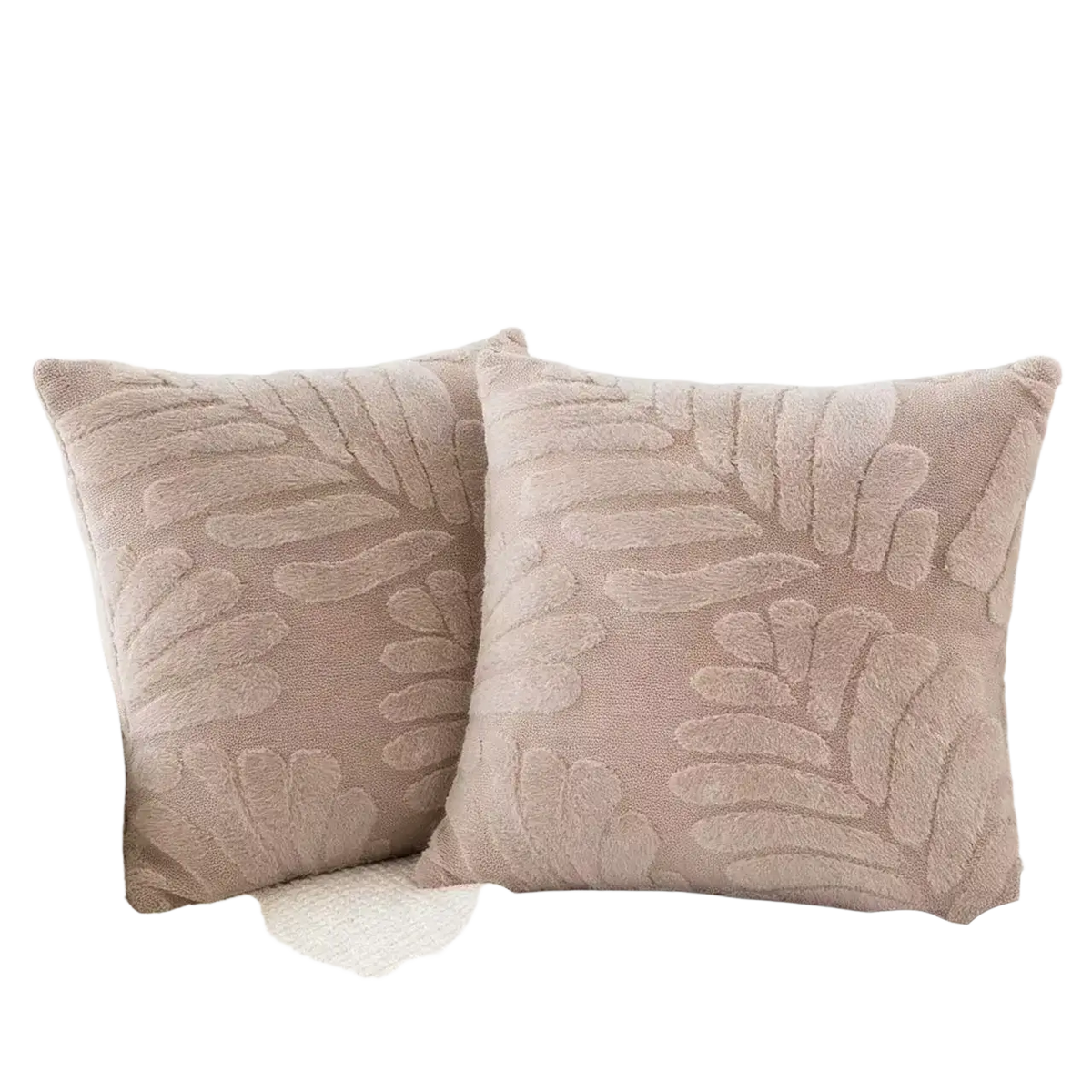 Two beige plush throw pillow covers with raised leaf embroidery for decorative home accents
