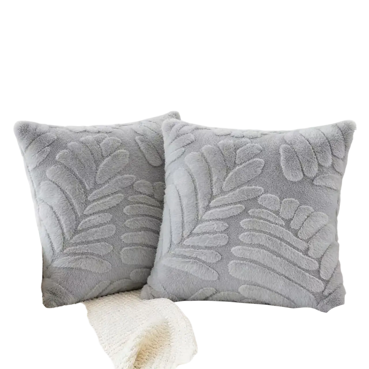 Two plush gray throw pillow covers with soft fuzzy texture and raised leaf embroidery for home decor