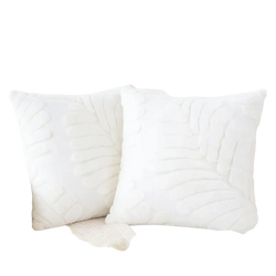 White plush throw pillow covers with raised leaf embroidery featuring soft fabric for elegant home decor