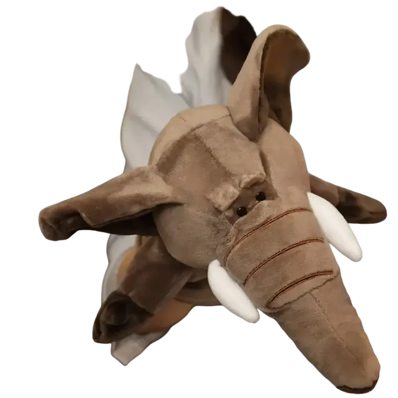 A plush brown elephant hand finger puppet with white tusks and stitched details for educational baby toys