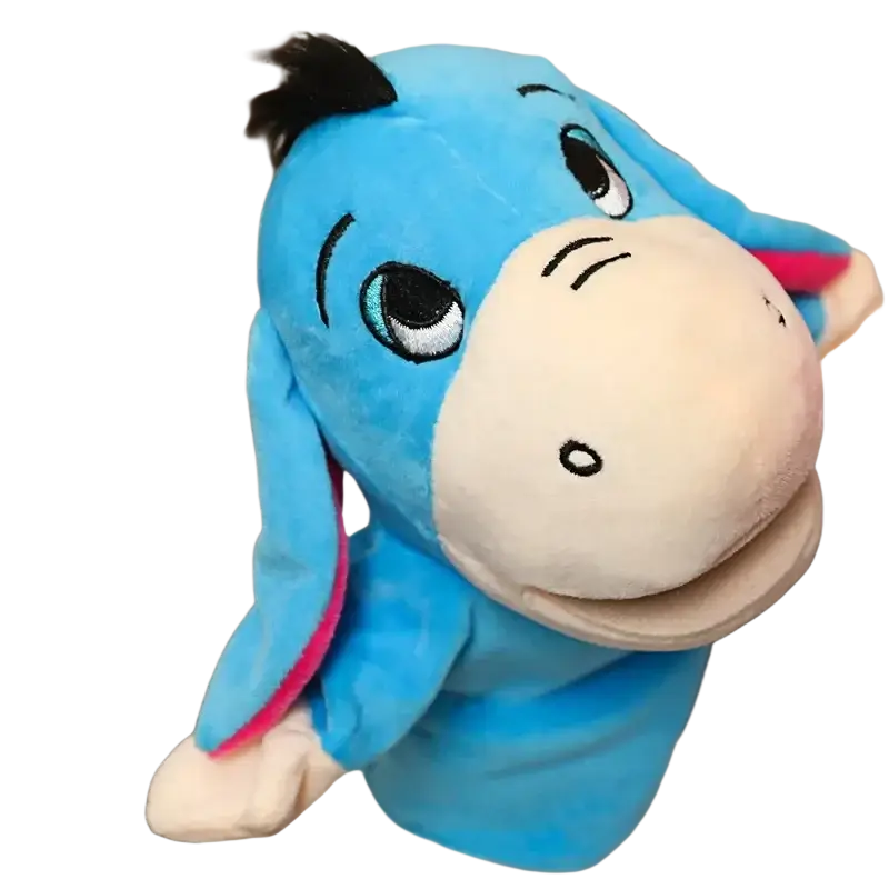 Blue plush eeyore hand finger puppet with cream face and pink ears from educational baby toys lion elephant bunny set