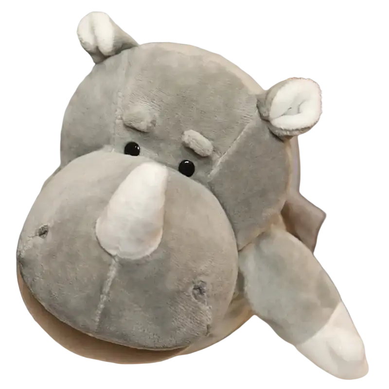 A soft gray plush rhinoceros toy with white accents as part of educational baby toys hand finger lion elephant bunny set