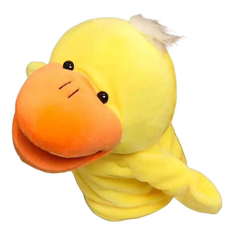 A soft yellow plush duck puppet with orange beak and white tuft is part of educational baby toys hand finger series lion elephant bunny