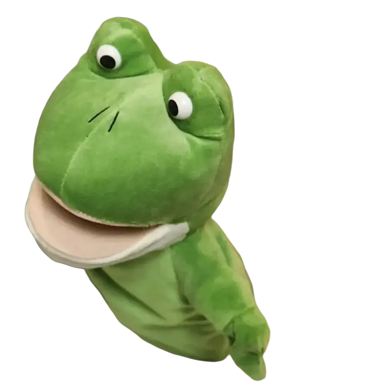 A plush green frog puppet with large white eyes smiling mouth in educational baby toys hand finger set lion elephant bunny