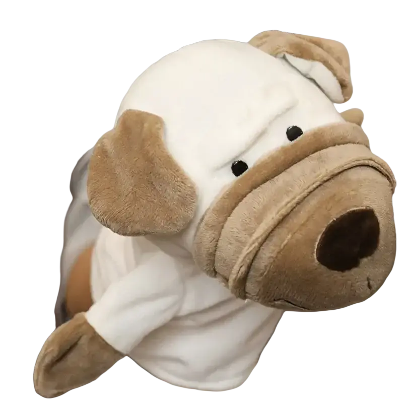 A plush white and tan bulldog hand finger puppet with soft fabric ears and stitched features for educational baby toys