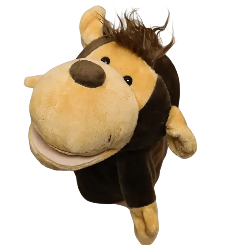 A plush monkey hand finger puppet with tan face dark brown fur spiky hair for educational baby toys lion elephant bunny