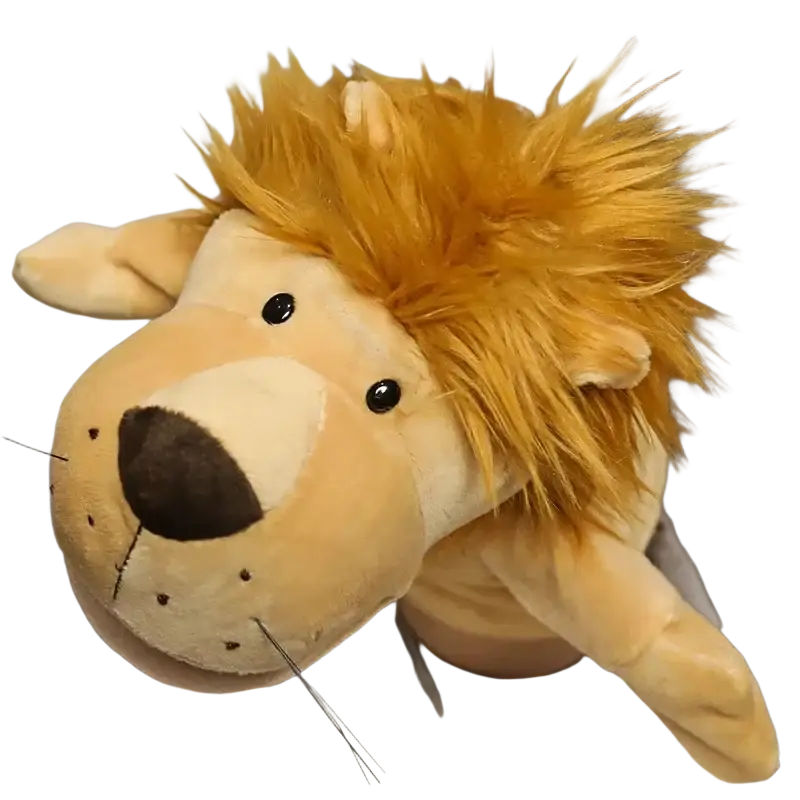 A plush lion hand finger puppet with golden mane and tan body for educational baby toys lion elephant bunny set
