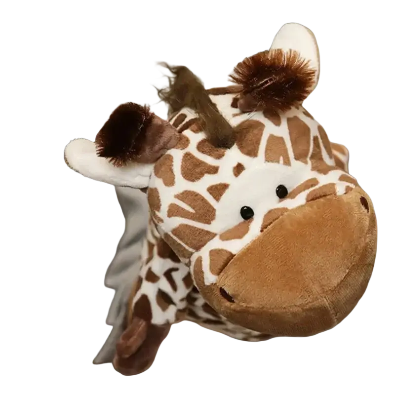 A plush giraffe hand finger puppet with brown and white fabric and embroidered eyes for educational baby toys
