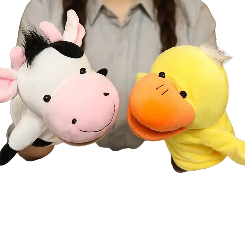 Adorable plush hand finger puppets featuring a black-and-white cow and yellow duck for educational baby toys
