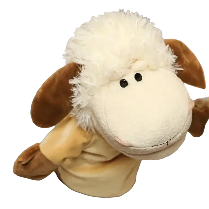 A plush sheep hand finger puppet with fluffy white wool and yellow sweater from educational baby toys lion elephant bunny set