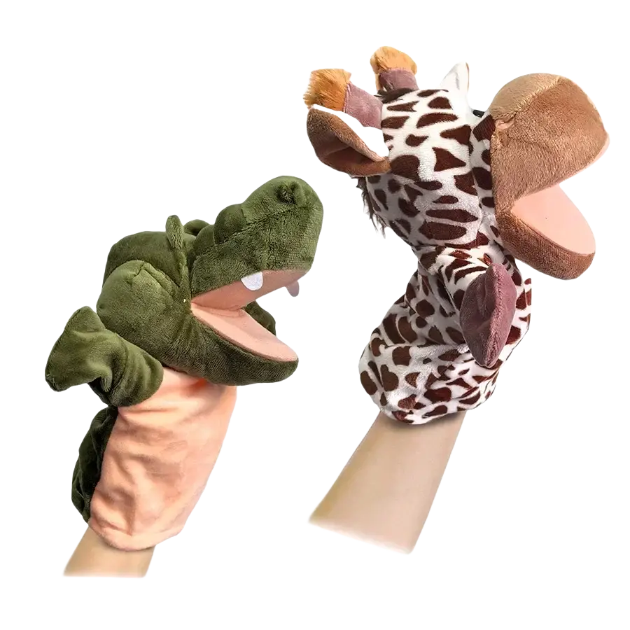 Plush green alligator and brown white giraffe toys hand finger puppets for educational baby toys lion elephant bunny set