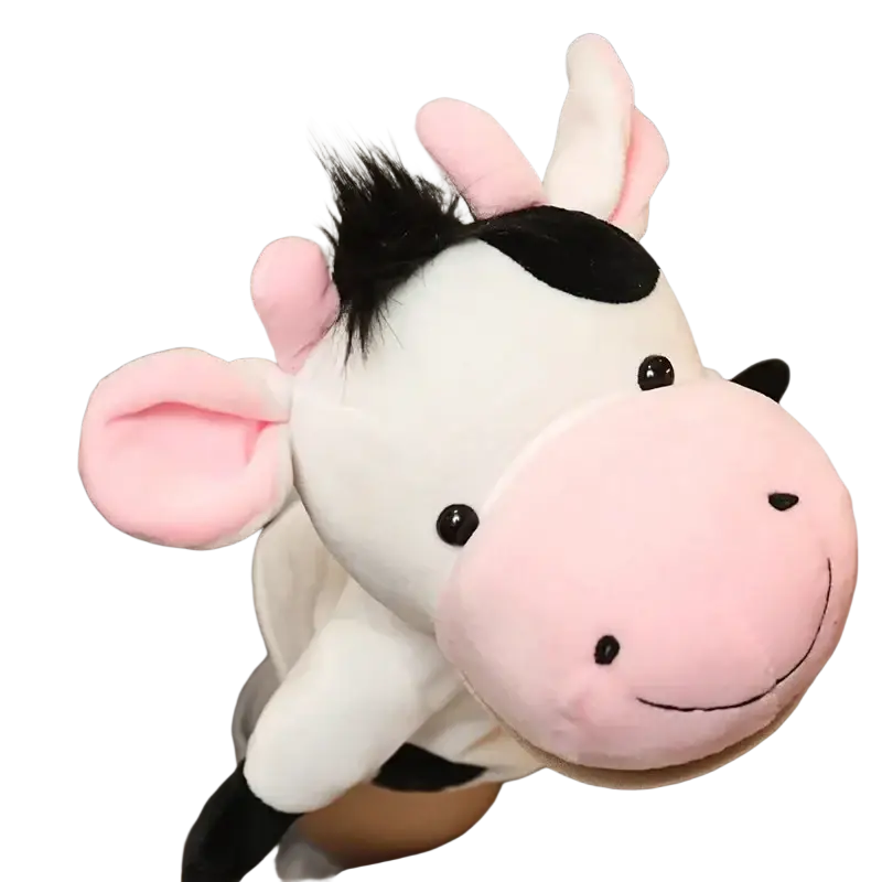 A plush cow hand finger puppet in white and black soft fabric for educational baby toys lion elephant bunny set