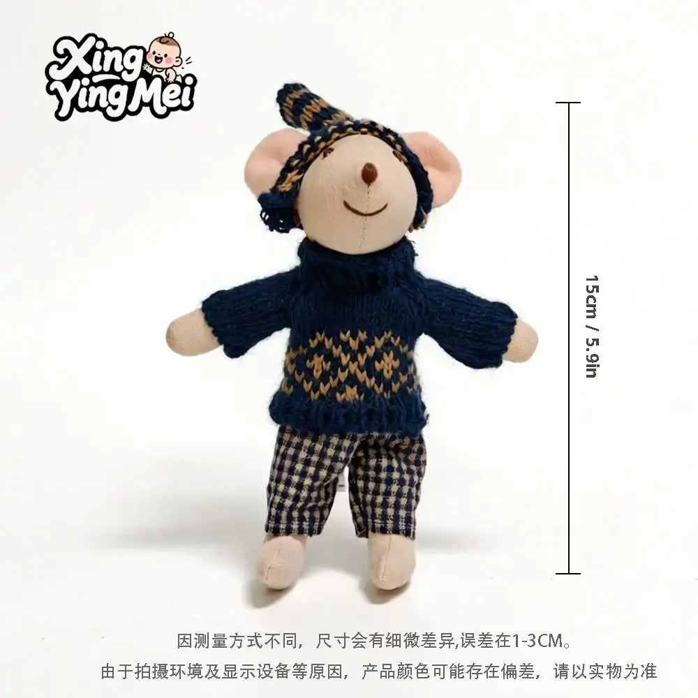 Plush mouse doll stuffed animal toy wearing an adorable navy blue knitted sweater with beige geometric pattern