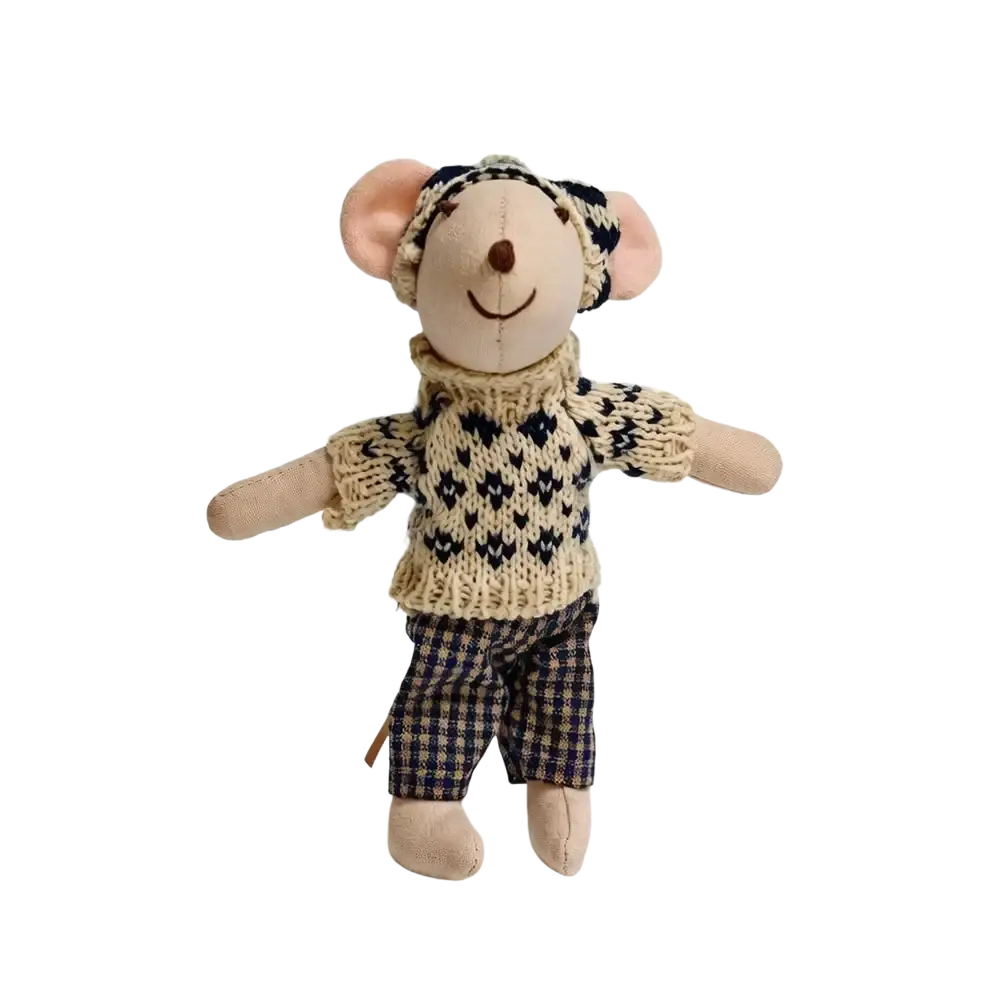 A plush mouse doll stuffed animal toy wearing a charming beige and navy blue knitted sweater with a heart pattern