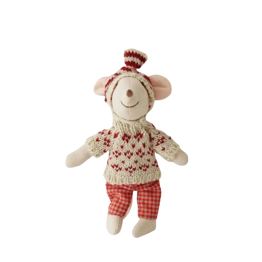 Plush mouse doll stuffed animal toy wearing a cream and red knitted sweater with heart patterns and matching hat