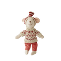 Plush mouse doll stuffed animal toy wearing a cream and red knitted sweater with heart patterns and matching hat