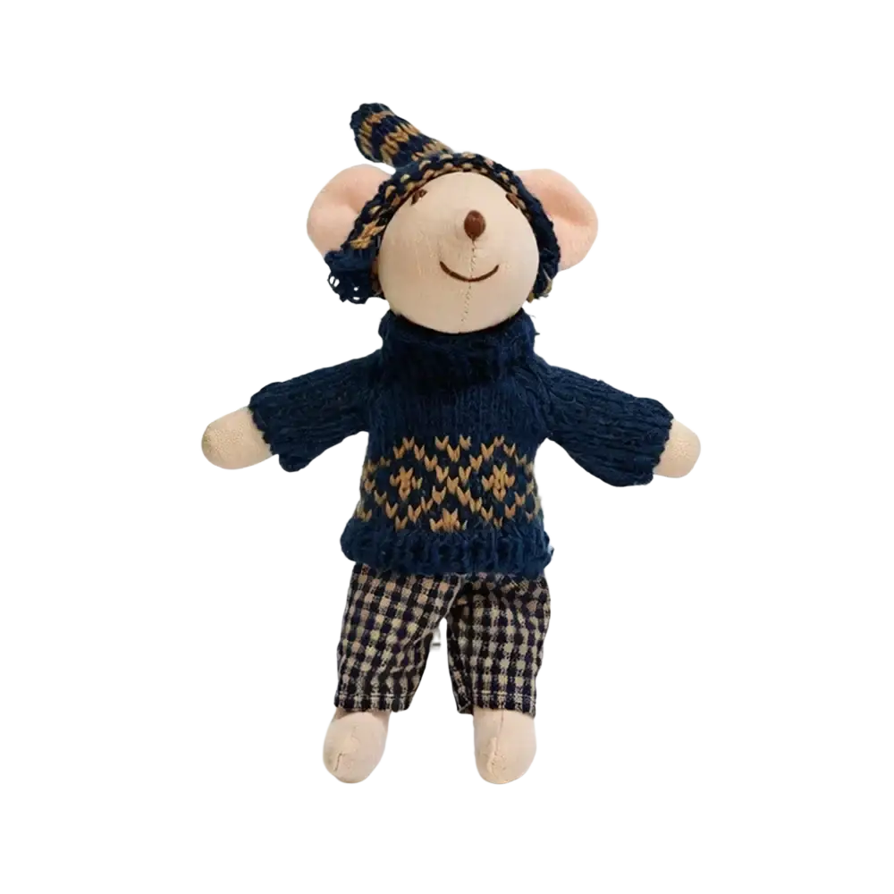 A plush mouse doll stuffed animal toy wearing a navy blue knitted sweater with tan patterns and matching checkered pants
