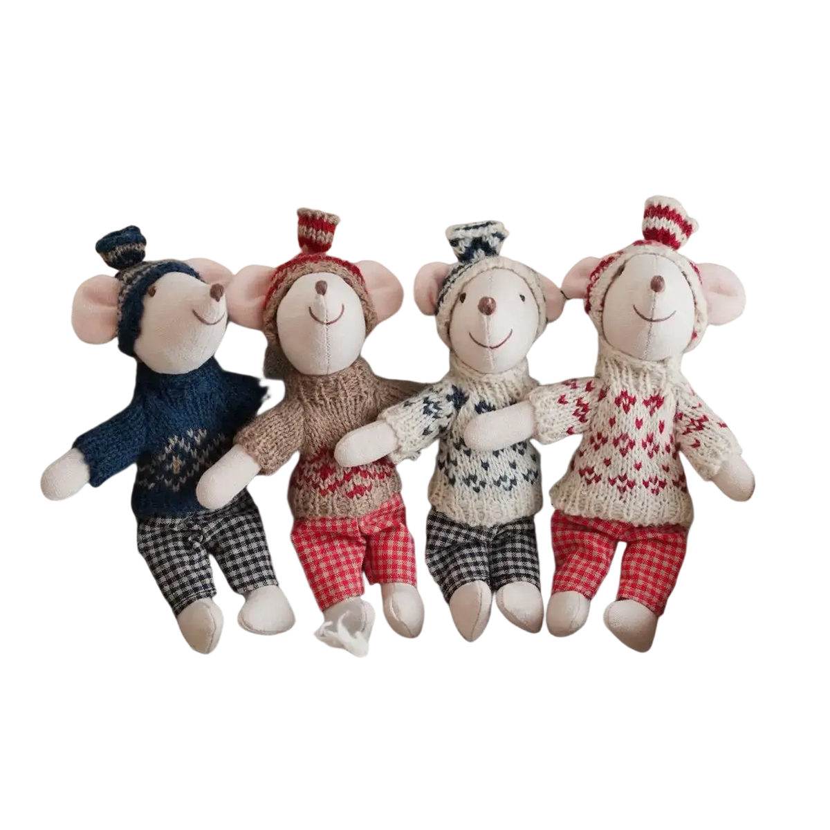 Four knitted plush mouse dolls wearing cozy festive sweaters and pants perfect as stuffed animal toys