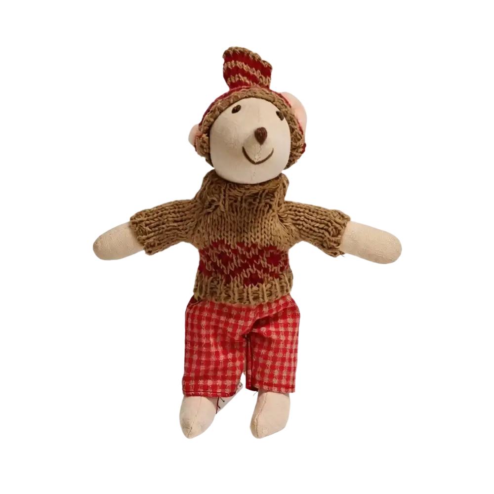 A charming knitted plush mouse doll dressed in a cozy brown sweater with red patterned details and checkered pants