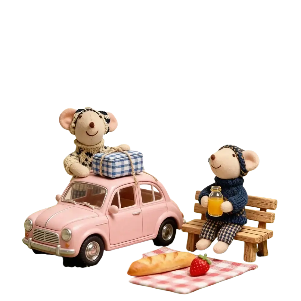Plush mouse doll stuffed animal toy displayed with a pink vintage toy car with silver accents and a blue and white suitcase on top
