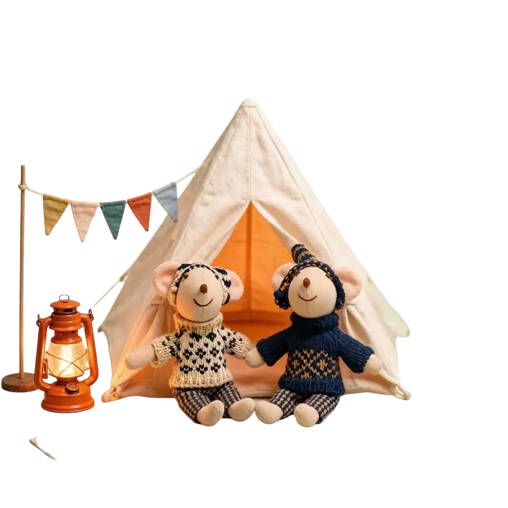Two plush mouse doll stuffed animals wearing knitted sweaters and outfits in cream black and navy blue colors