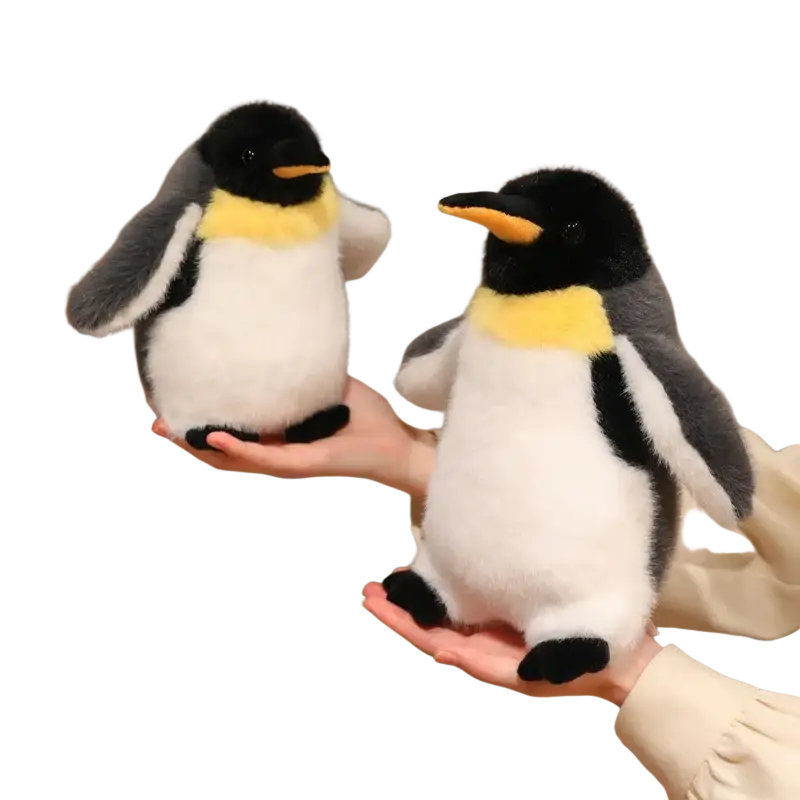 Plush penguin stuffed animal soft toy pair with black heads and feet, white bellies, gray wings, and yellow neck bands