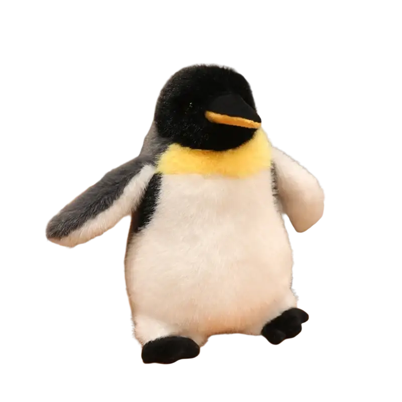 A plush penguin stuffed animal soft toy pair with black white and yellow fur made of soft material