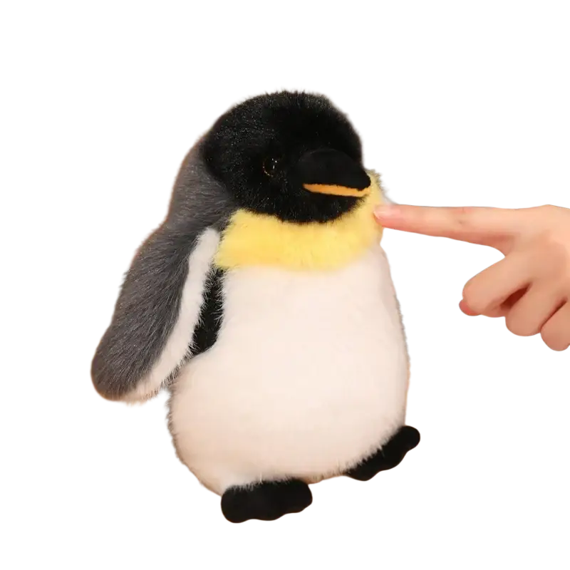 A plush penguin stuffed animal soft toy pair with black white and yellow fur made of soft fabric