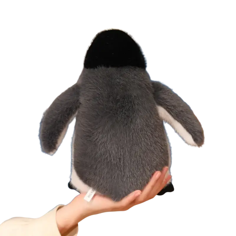 Plush penguin stuffed animal soft toy pair with a soft gray body black head and feet white accents made of fluffy fabric