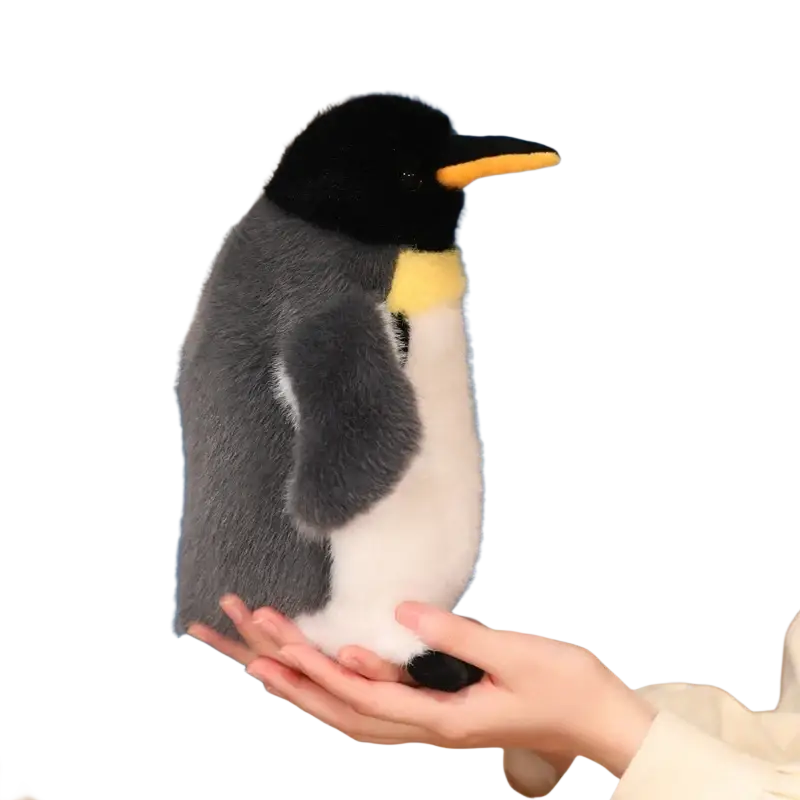 Plush penguin stuffed animal soft toy with black head gray body white belly and yellow beak and chest patch