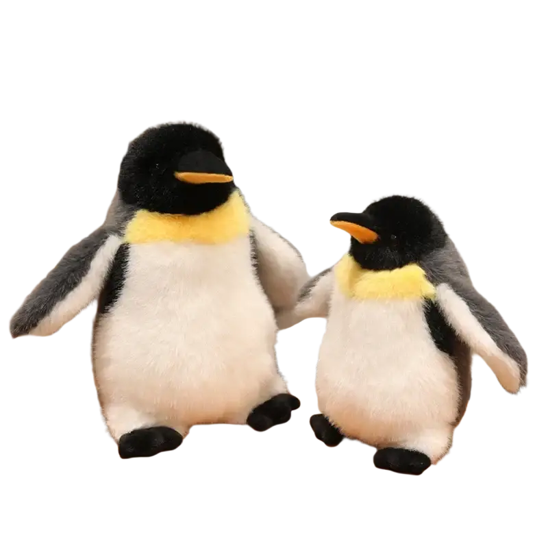 Two plush penguin stuffed animals with black heads yellow neck bands white bellies and gray wings on wood surface