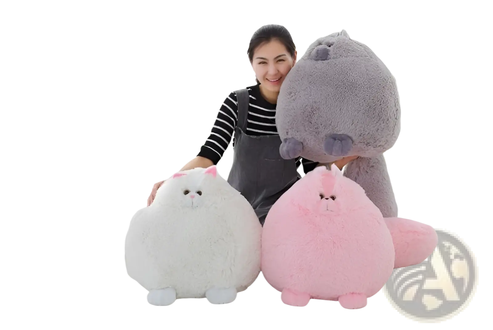 Plush persian cat soft fluffy round pillow toy in gray fabric with a rounded body and small paws