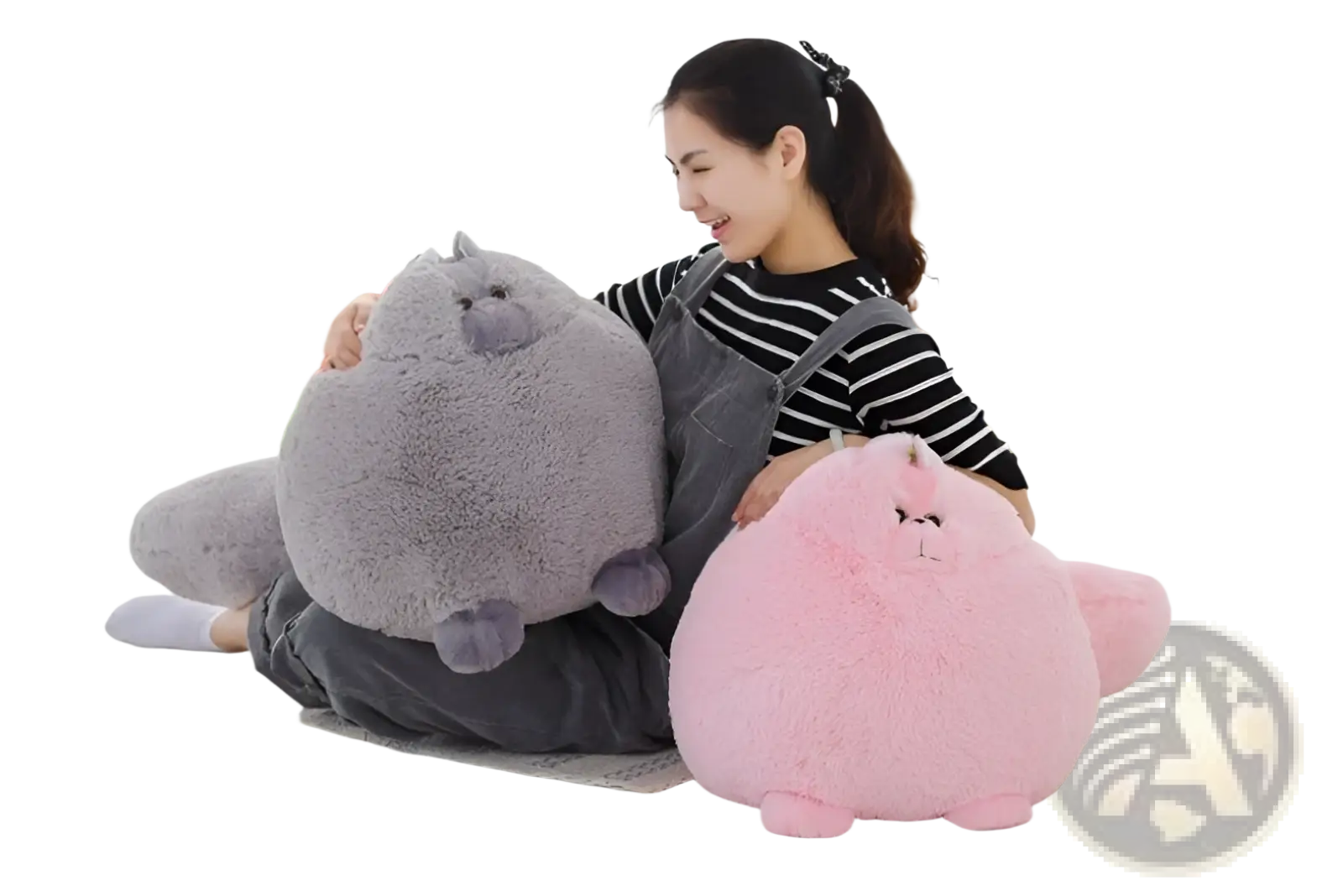Plush persian cat soft fluffy round pillow toys in gray and pink with a plush, chubby design and soft texture