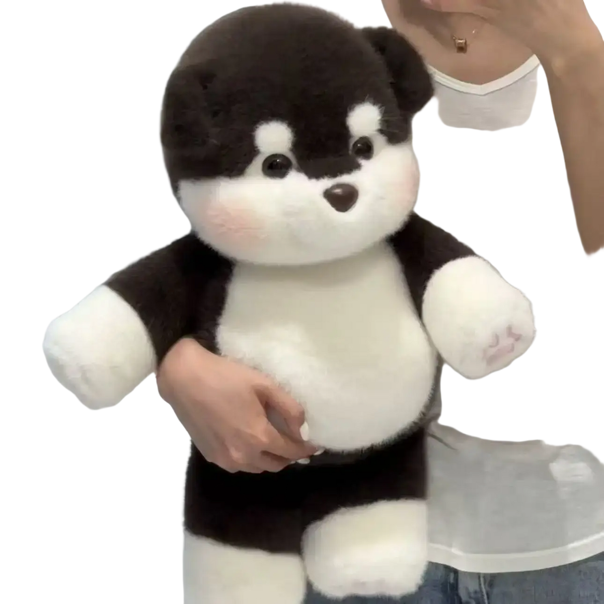 Plush pig stuffed animal pillow 17.7 inch featuring a black and white husky shaped soft fluffy fur design