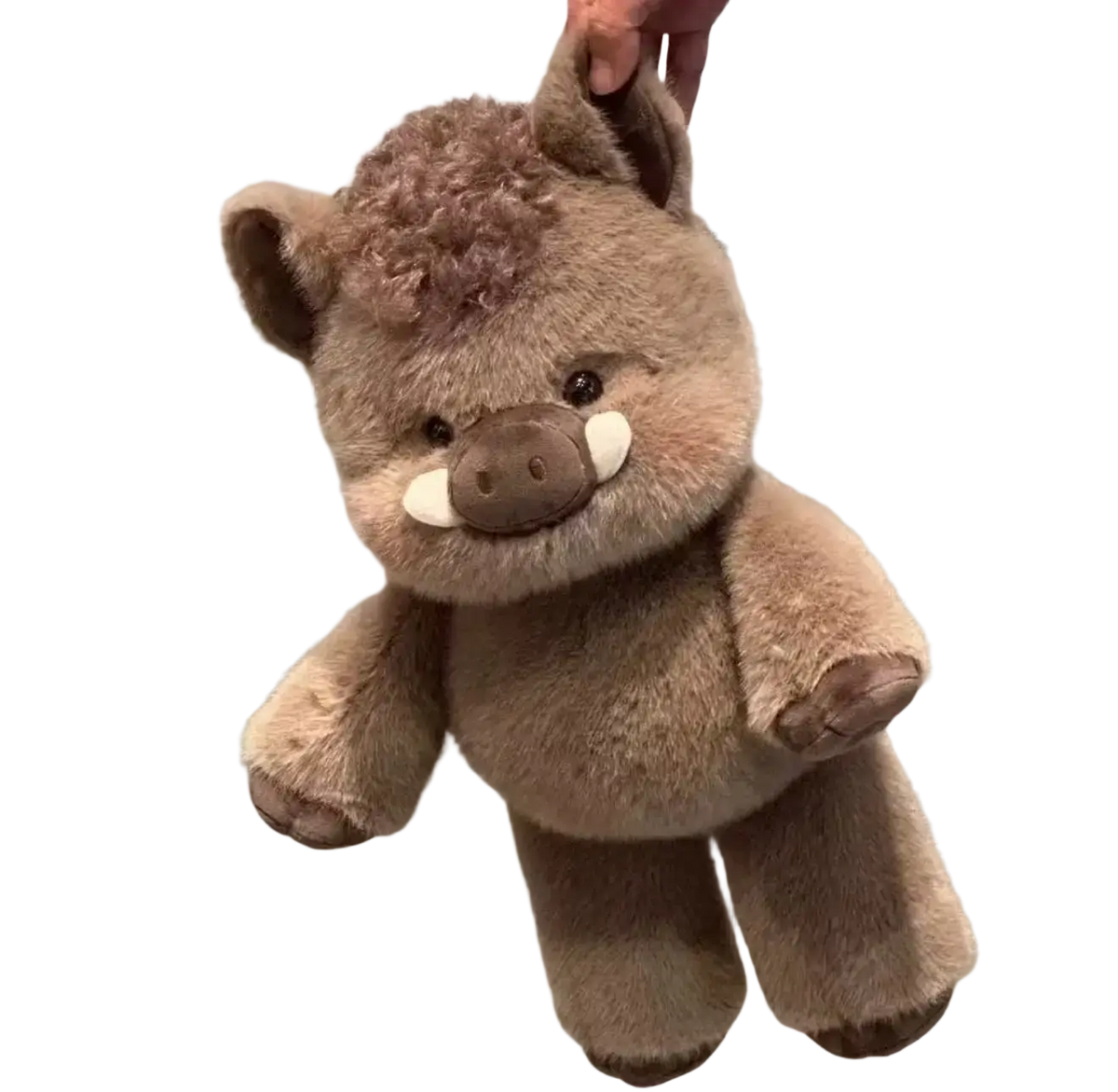 Plush pig stuffed animal pillow 17.7 inch brown wild boar made of curly fur featuring tusks and dark snout