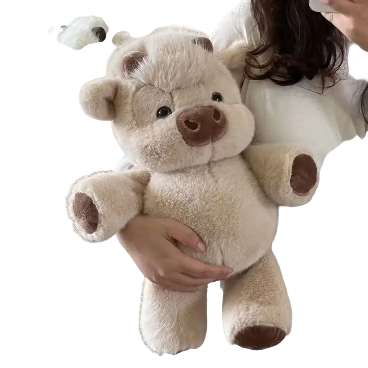 A plush pig stuffed animal pillow 17.7 inch in cream with brown snout and feet made of soft material