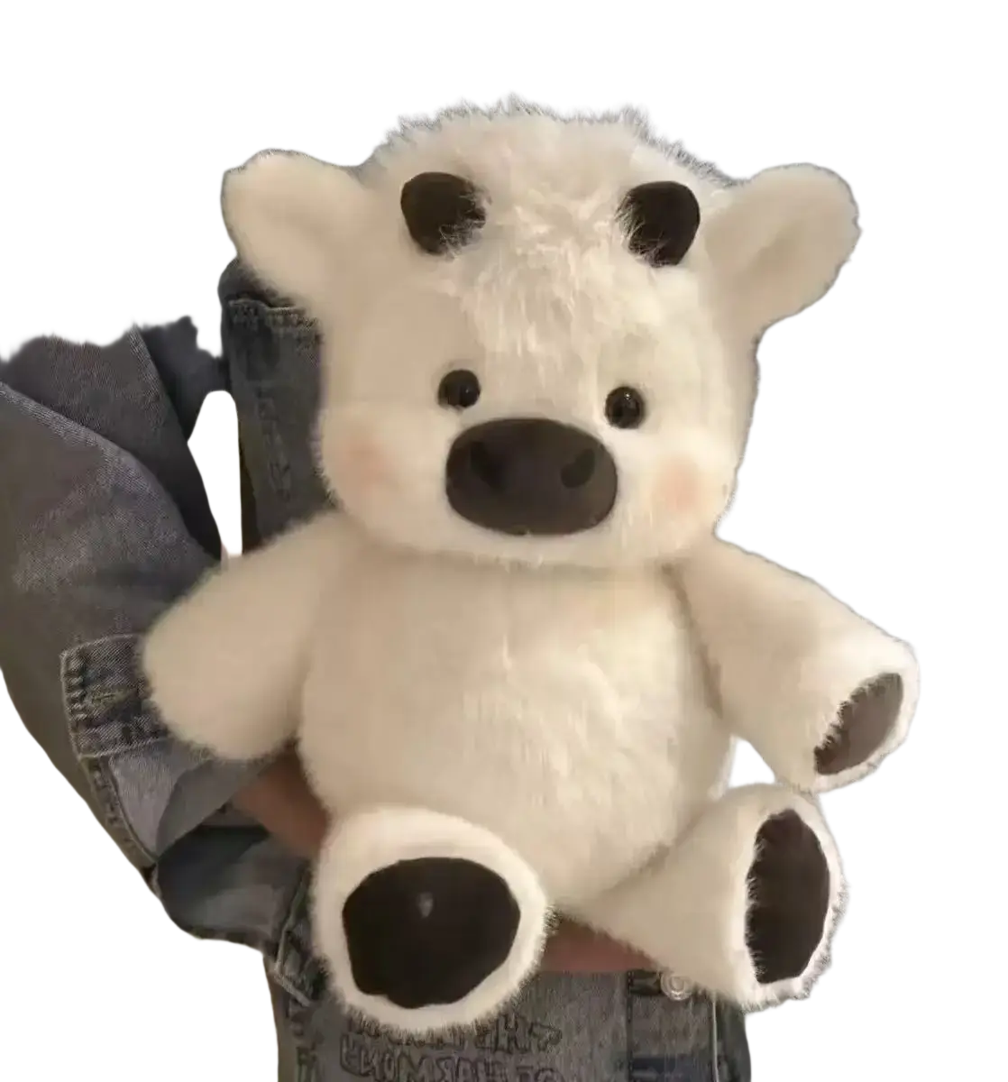 Plush pig stuffed animal pillow 17.7 inch featuring a fluffy white plush cow design with black ears nose and hooves