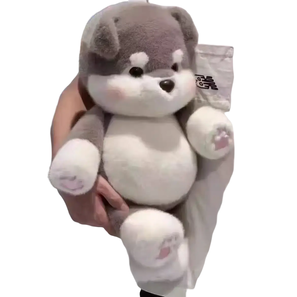 Plush pig stuffed animal pillow 17.7 inch featuring a gray and white husky-shaped soft fluffy fur with pink paw pads