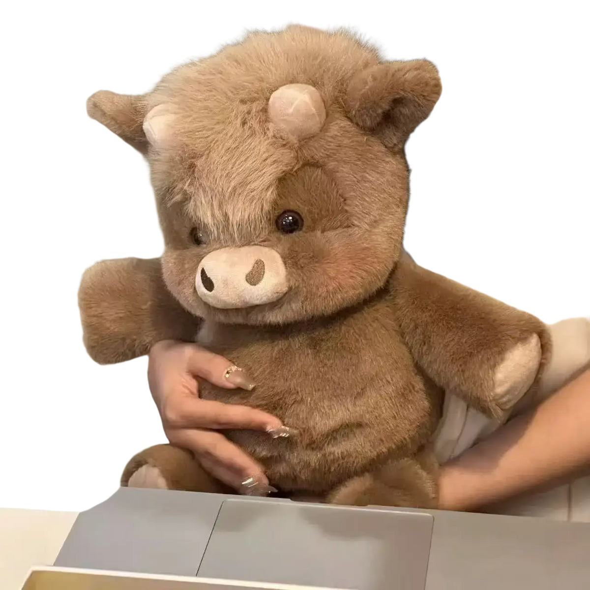 Plush pig stuffed animal pillow 17.7 inch featuring a tan-colored plush bull toy with soft fur and embroidered face