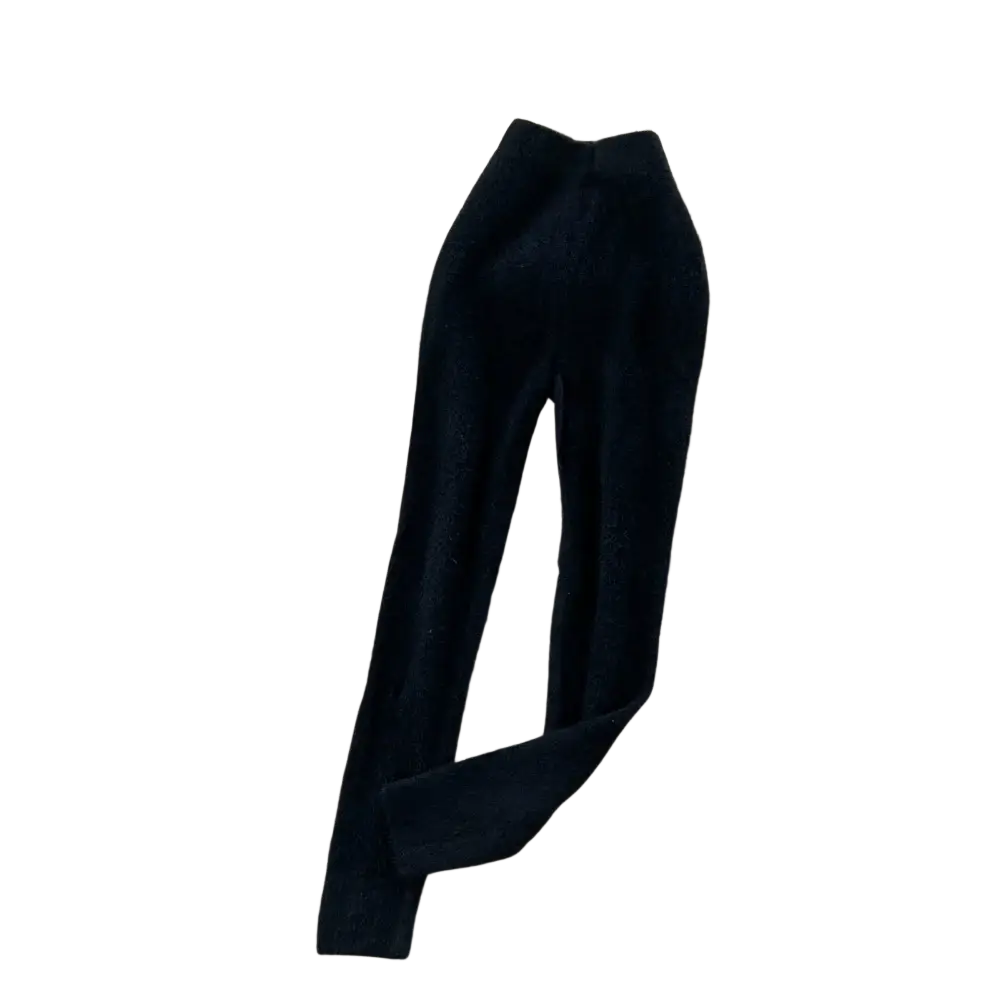 Black high-waisted knit pants with soft plush texture complement plush pink cashmere thermal leggings collection