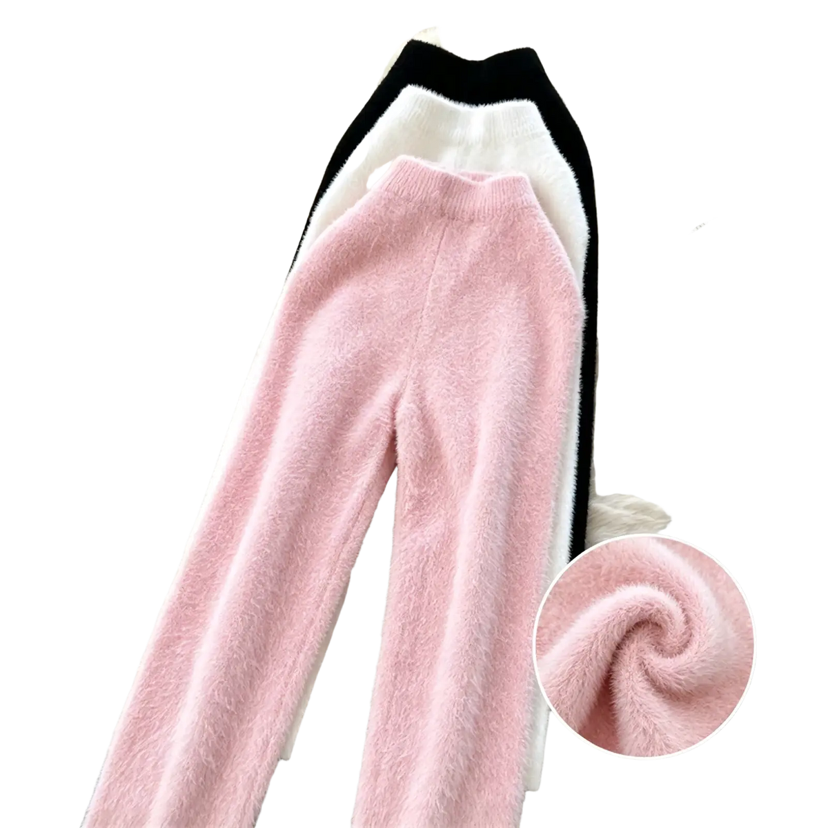 Plush pink cashmere thermal leggings featuring soft pink fluffy knit fabric with high waist and tapered legs