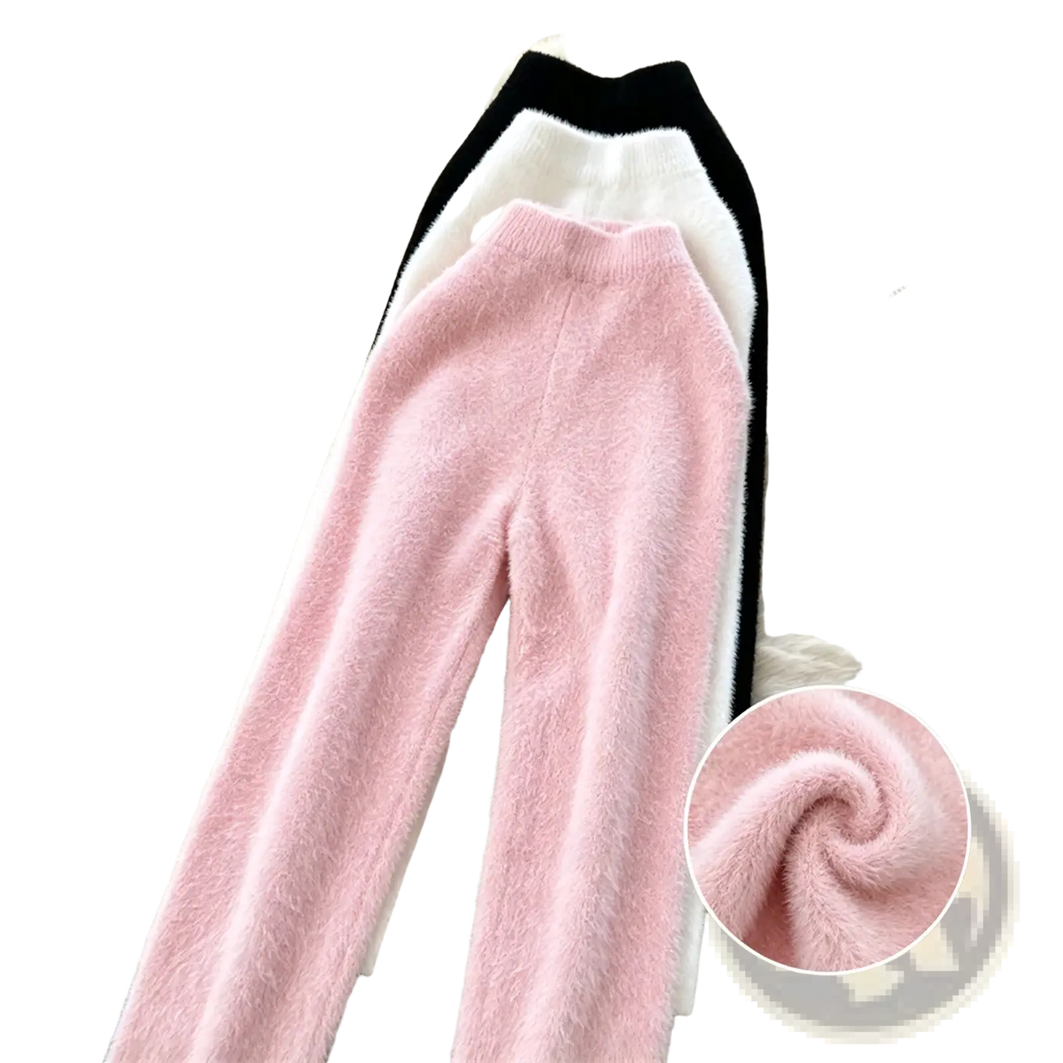 Plush pink cashmere thermal leggings featuring soft pink fluffy knit fabric with high waist and tapered legs