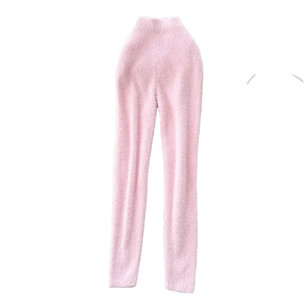 Plush pink cashmere thermal leggings with soft fuzzy knit, high waist, and snug fit for warmth and comfort