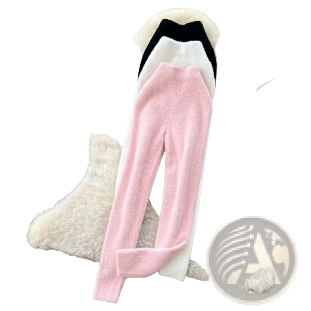 Plush pink cashmere thermal leggings featuring a soft pink and white knit high-waisted pant with ribbed waistband