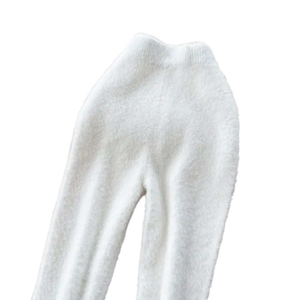 White fluffy knit high waist pants with soft texture resembling plush pink cashmere thermal leggings
