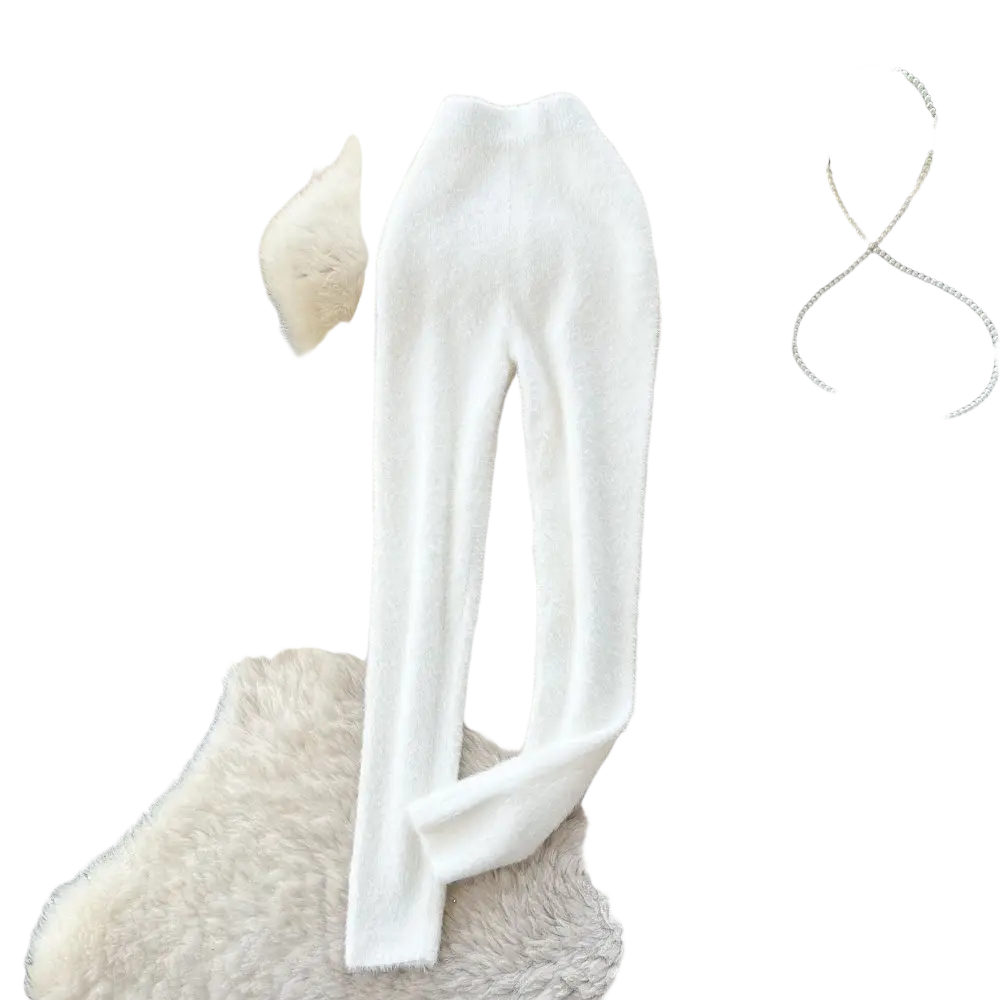 White soft knit high waist straight leg pants complementing plush pink cashmere thermal leggings material