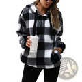 Black and white plaid fleece hoodie with drawstring hood plush plaid hooded sweatshirt loose retro pullover