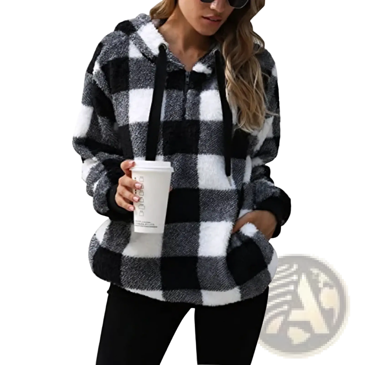 Black and white plaid fleece hoodie with drawstring hood plush plaid hooded sweatshirt loose retro pullover
