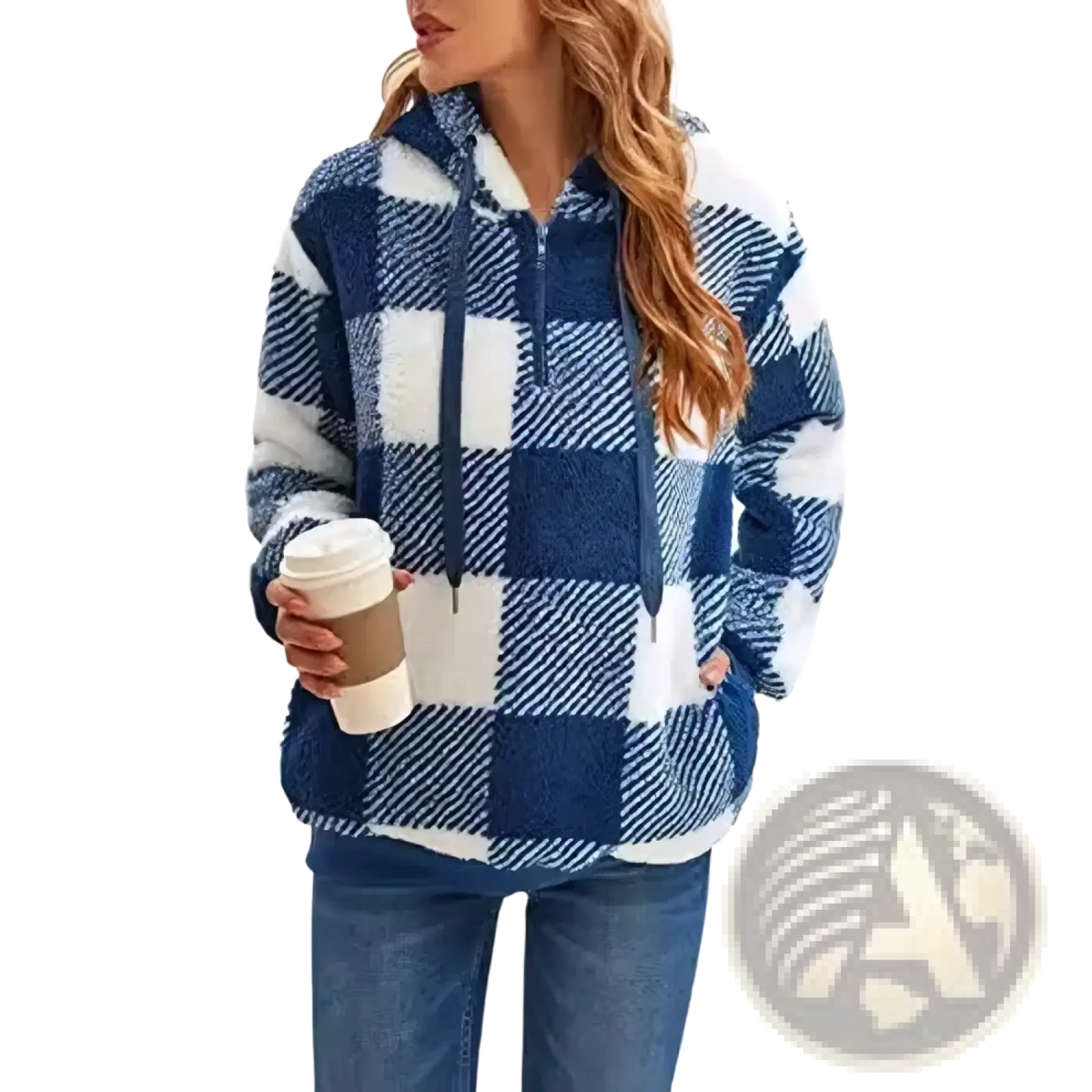 Blue and white plaid fleece hoodie made of cozy textured fabric in a plush plaid hooded sweatshirt design