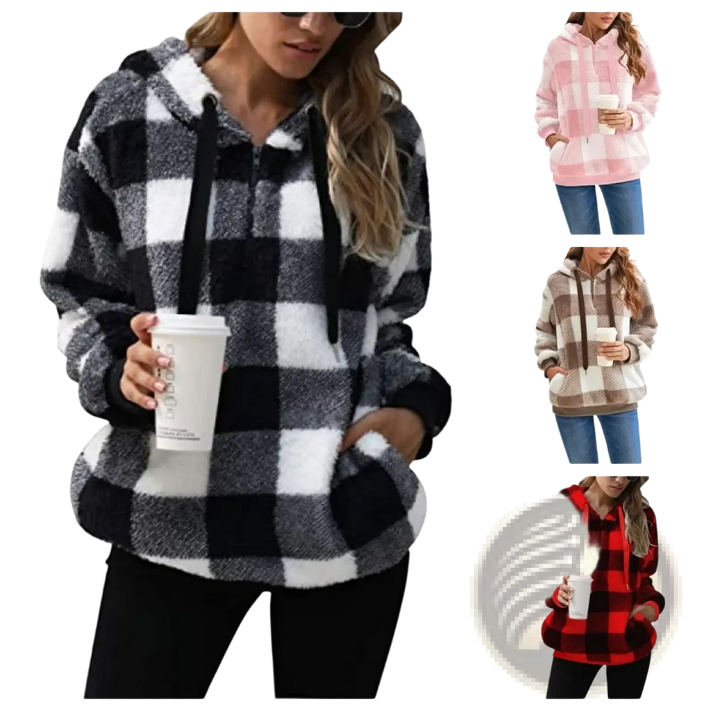 Plush plaid hooded sweatshirt in black and white fleece with contrasting black drawstrings for casual wear